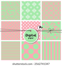 Mint Green and Pink. Perfect Harmony seamless patterns.