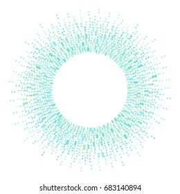 Mint green round spots frame with empty space for your text. Frame made of radial dots, splashes, flecks, drops, specks of various size. Circle shape. Abstract background.