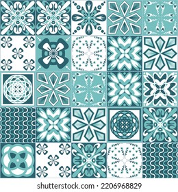 Mint Green Seamless Pattern, Spanish Portuguese Tile Vector Illustration