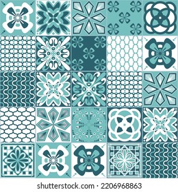 Mint Green Seamless Pattern, Spanish Portuguese Tile, Contrast Vector Illustration