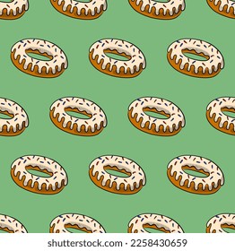 MINT GREEN SEAMLESS VECTOR BACKGROUND WITH MOUTH-WATERING DONUTS WITH WHITE FUDGE