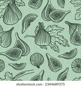 MINT GREEN TEXTURED VECTOR SEAMLESS BACKGROUND WITH RIPE FIG FRUITS