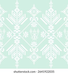 Mint Green Thai Pixel Art Pattern. Pastel Minimal Folk Seamless Design. Designed for fabric, wrapping, or lifestyle products with a light and modern ethnic touch.