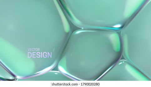 Mint green transparent soft bubbles. Abstract background. Vector 3d illustration. Cell membrane tension effect. Microbiology concept. Modern trendy banner or poster design