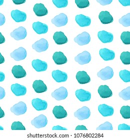Mint, green, turquoise blue pastel watercolor hand painted polka dot seamless pattern on white background. Gold circles, confetti glitter round texture. Vector illustration for baby kid fabric textile