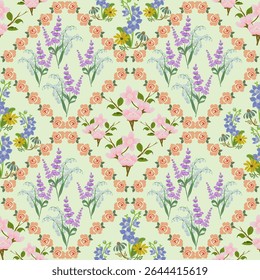 Mint Green Vintage Floral Seamless Pattern. Romantic Spring Garden Design roses, lavender, wildflowers. Inspired by spring gardens, perfect for elegant textiles, wrapping paper, classic floral themes.