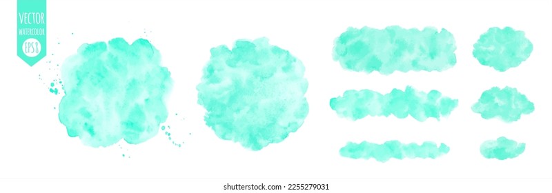 Mint green watercolor vector backgrounds, frames set. Uneven circle, round, rectangle banner shapes, brush stroke, stripe, spot. Watercolour stains, splashes. Painted hand drawn aquarelle elements. 库存矢量图