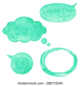 Mint green watercolor vector speech bubbles, cloud and oval brush stroke frame with rough, artistic edges