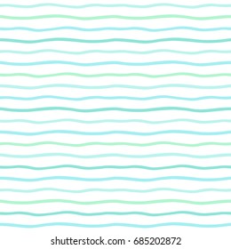 Mint green waves, wavy stripes, lines, bars seamless vector pattern. Uneven doodle style streaks. Thin hand drawn waves backdrop. Marine striped abstract background.