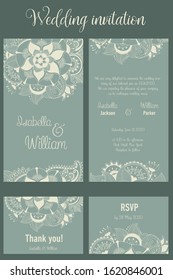 Mint green wedding invitation with beige floral ornaments