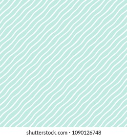 Mint green and white diagonal wavy stripes, pinstripes, streaks, waves seamless repeat background, pattern. Striped texture. Tilted hand drawn doodle style thin lines, inclined strips, bars template
