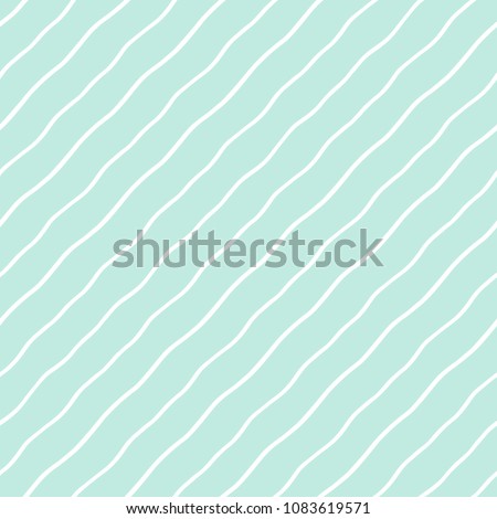 Mint green and white diagonal wavy stripes, waves seamless repeat background, pattern. Oblique, tilted hand drawn thin lines, inclined streaks, strips, bars template. Striped dynamic texture.