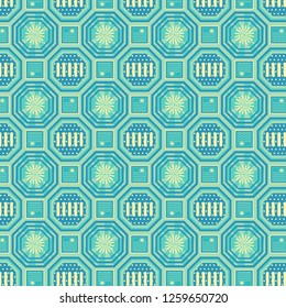 mint green and yellow decorated repeating geometric pattern with octagons for elegant surface designs, textile, fabric, backgrounds, backdrop, wallpapers and templates. pattern swatch at eps. 