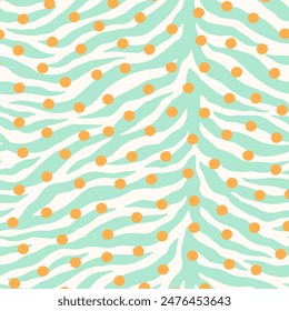 Mint green zebra skin background and yellow confetti seamless pattern. Pastel green animal skin tiger stripes and mustard yellow polka dot flat style mixed print background.