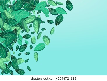 Mint Greens Motion Vector Blue Background Banner. Falling Leaves Poster. Olive Foliage Blur Plant. Leaf Forest Illustration.