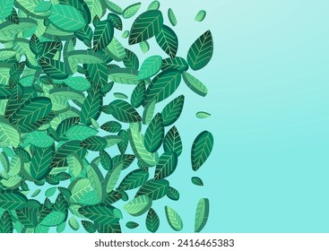 Mint Greens Realistic Vector Blue Background Pattern. Spring Leaves Border. Olive Leaf Tea Concept. Foliage Wind Plant.