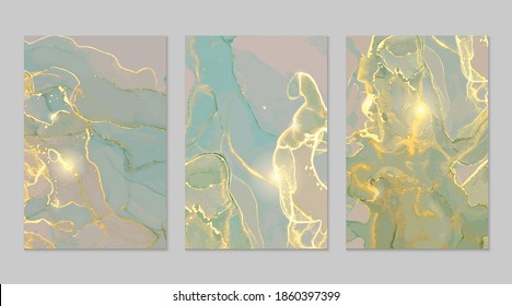 Mint, grey, gold marble abstract backgrounds. Set of alcohol ink technique vector stone textures. Modern paint in natural colors with glitter. Template for banner, poster design. Fluid art painting