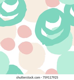 Mint grunge geometric seamless pattern with hand drawn brush strokes, circles, rings and paint splashes, lines, geometrical shapes. Messy texture, grungy background. Vector.