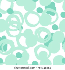 Mint grunge geometric seamless pattern with hand drawn brush strokes, circles, rings, paint splashes geometrical shapes. Messy texture, grungy background. Vector.