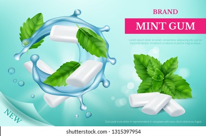 Mint gum. Advertizing poster with fresh sweets and leaf of mint vector realistic template