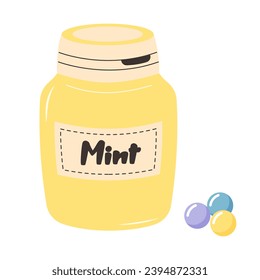 Mint gum in a bottle. Mint flavor chewing gum. Classic 80’s or 90’s peppermint pills.