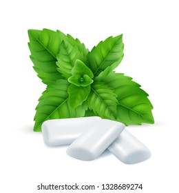 Mint gum. Fresh menthol leaves with white gum sweets for breathing fresh smell vector realistic pictures