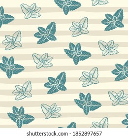 Mint hand sketch vector illustration seamless texture. Peppermint engraved drawing of menthol leaves isolated on modern background.