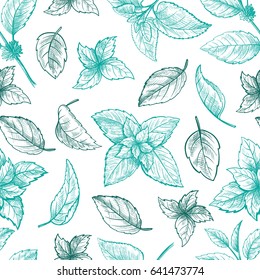 Mint Hand Sketch Vector Illustration Seamless Texture. Peppermint Engraved Drawing Of Menthol Leaves Isolated On White Background. Leaf Herbal Spearmint Plant