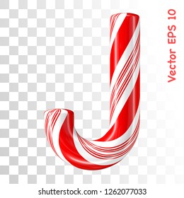 Mint hard candy cane vector alphabet collection striped in Christmas colours. Letter J. Eps 8 using mesh.