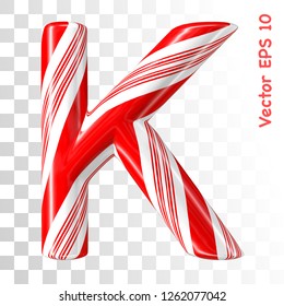 Mint hard candy cane vector alphabet collection striped in Christmas colours. Letter K. Eps 8 using mesh.