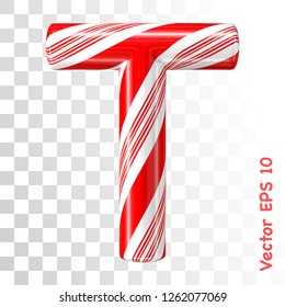 Mint hard candy cane vector alphabet collection striped in Christmas colours. Letter T. Eps 8 using mesh.