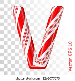 Mint hard candy cane vector alphabet collection striped in Christmas colours. Letter V. Eps 8 using mesh.