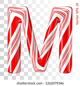 Mint hard candy cane vector alphabet collection striped in Christmas colours. Letter M. Eps 8 using mesh.