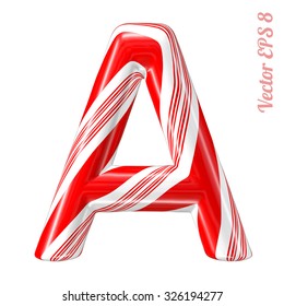 Mint Hard Candy Cane Vector Alphabet Collection Striped In Christmas Colours. Letter A. Eps 8 Using Mesh.