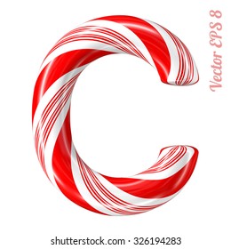 Mint Hard Candy Cane Vector Alphabet Collection Striped In Christmas Colours. Letter C. Eps 8 Using Mesh.