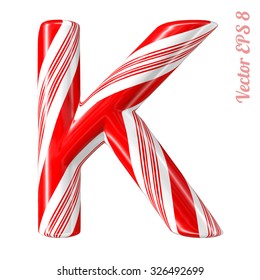 Mint hard candy cane vector alphabet collection striped in Christmas colours. Letter K. Eps 8 using mesh.