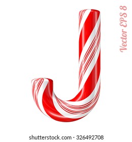 Mint hard candy cane vector alphabet collection striped in Christmas colours. Letter J. Eps 8 using mesh.