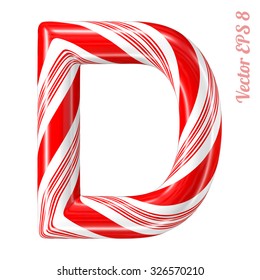 Mint hard candy cane vector alphabet collection striped in Christmas colours. Letter D. Eps 8 using mesh.