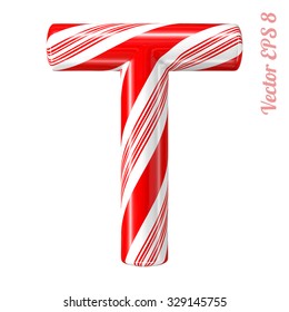 Mint hard candy cane vector alphabet collection striped in Christmas colours. Letter T. Eps 8 using mesh.