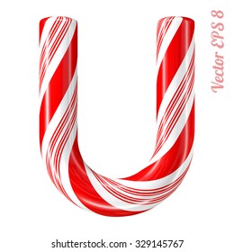 Mint hard candy cane vector alphabet collection striped in Christmas colours. Letter U. Eps 8 using mesh.