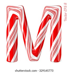 Mint hard candy cane vector alphabet collection striped in Christmas colours. Letter M. Eps 8 using mesh.