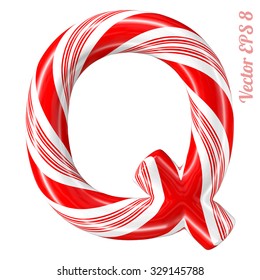 Mint hard candy cane vector alphabet collection striped in Christmas colours. Letter Q. Eps 8 using mesh.