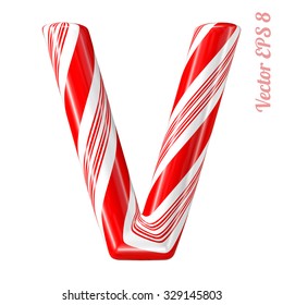 Mint hard candy cane vector alphabet collection striped in Christmas colours. Letter V. Eps 8 using mesh.