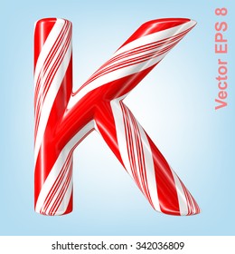 Mint hard candy cane vector alphabet collection striped in Christmas colours. Letter K. Eps 8 using mesh.