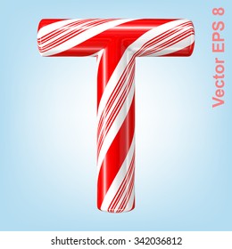 Mint hard candy cane vector alphabet collection striped in Christmas colours. Letter T. Eps 8 using mesh.