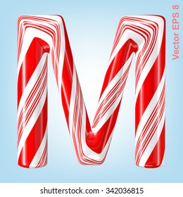 Mint hard candy cane vector alphabet collection striped in Christmas colours. Letter M. Eps 8 using mesh.