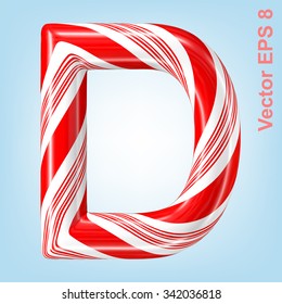 Mint hard candy cane vector alphabet collection striped in Christmas colours. Letter D. Eps 8 using mesh.