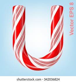 Mint hard candy cane vector alphabet collection striped in Christmas colours. Letter U. Eps 8 using mesh.