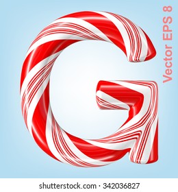 Mint hard candy cane vector alphabet collection striped in Christmas colours. Letter G. Eps 8 using mesh.