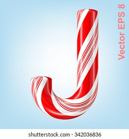 Mint hard candy cane vector alphabet collection striped in Christmas colours. Letter J. Eps 8 using mesh.